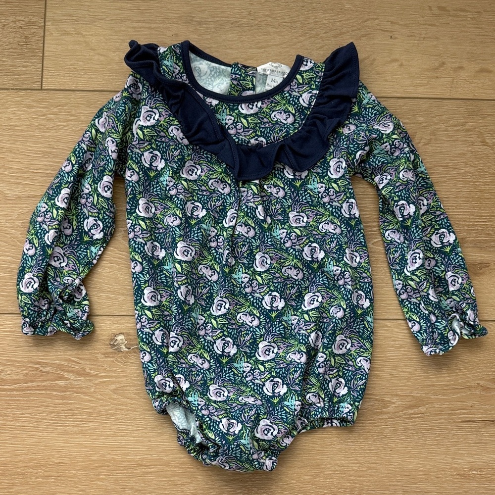 The Proper Peony Girls Long Sleeve Navy Floral Bubble 24M